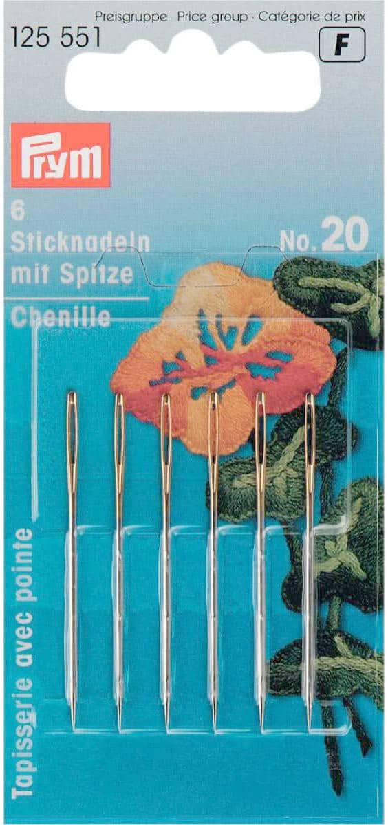 Prym PRYM_125551-1 Embroidery Needles Chenille Sharp Point No. 20 Silver col with Gold Eye 1.00 x 43 mm