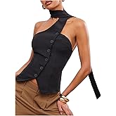 Floerns Women's Backless Halter Tops Button Down Sleeveless Going Out Tank Tops with Scarf
