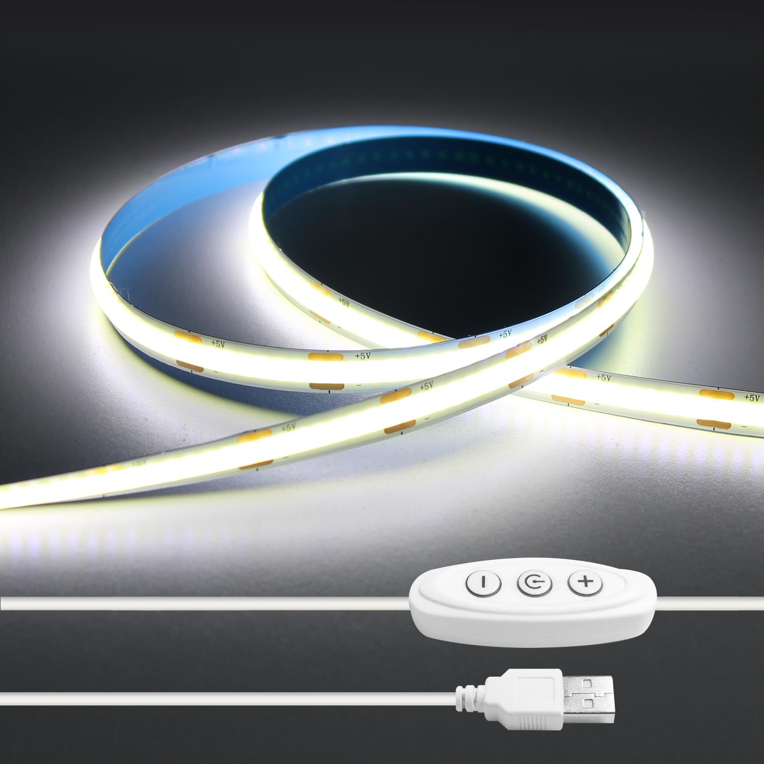 iNextStation USB COB LED Strip Light, Cold White 6000K, 2M 640LEDs Cuttable LED Strips, CRI 93+ High Bright 5V Flexible Dimmable Tape Light for TV Backlight Mirror Wardrobe Bookcase Wall Bedroom Decor