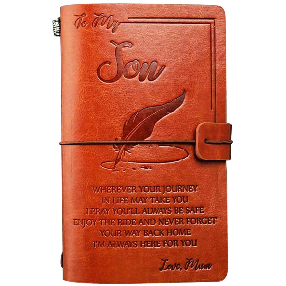 to Son Christmas Birthday Gifts from Mum, OMNIQI Personalized Leather Journal gift for Boys/Men, Engraved Encourage Message Travel Diary Sketch Notebook- Never Forget the Way Home (120 Pages)