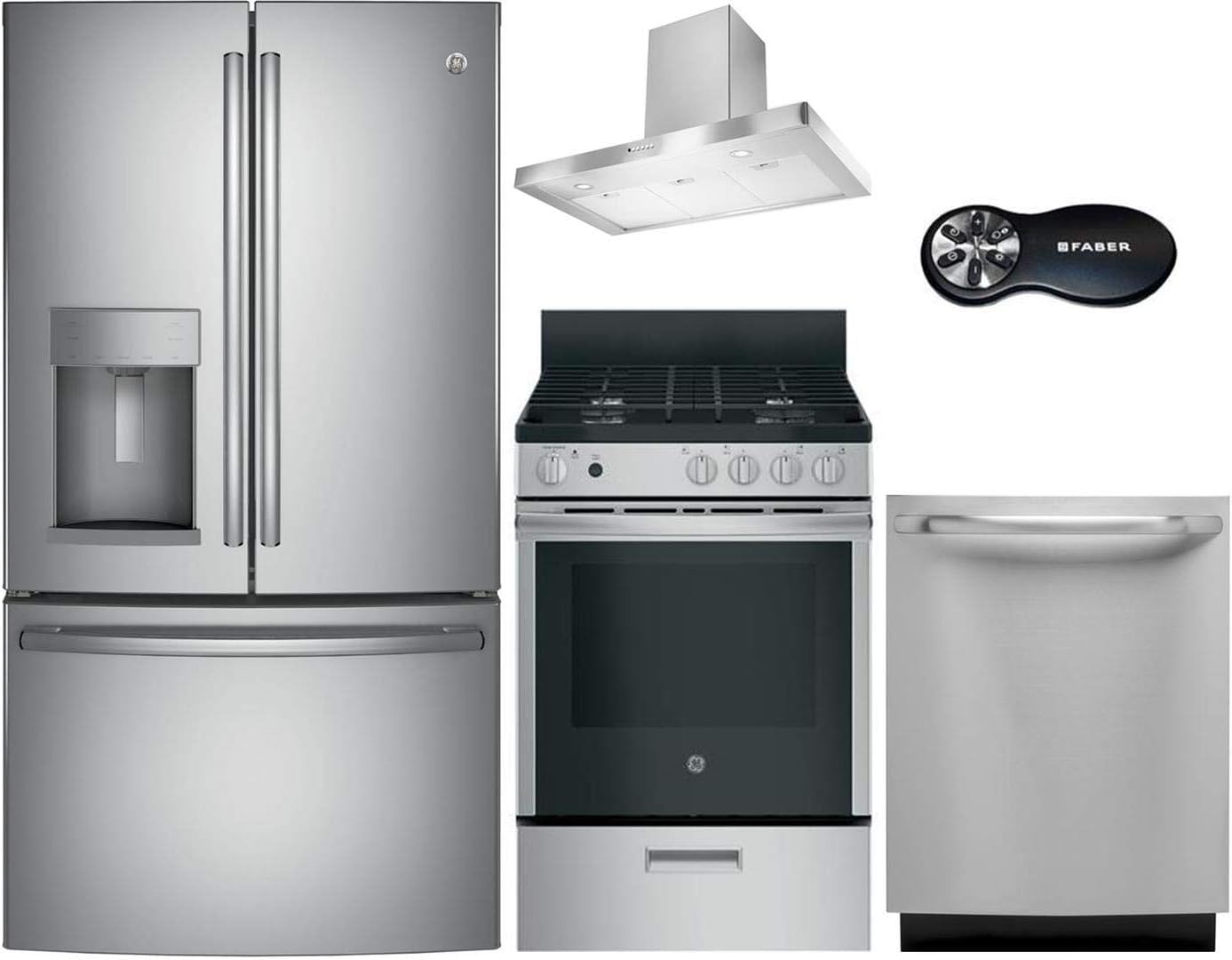 GE 4 Pcs ADA Compliant Kitchen Package with JGAS640RMSS 24" Gas Range, STIL24SS600B 24"Wall Range Hood, GFE28GSKSS 36" fridge, REMCTRL Remote Control and GLDT696JSS 24" Built In D/W in Stainless Steel