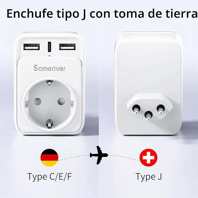 Adaptador de Viaje Suizo Adaptador de Enchufe de Alemania Enchufe de Viaje Suizo Adaptador de Viaje con 2 enchufes USB 1USB C (3A) Adaptador Tipo J para Suiza Maldivas Ruanda Liechtenstein