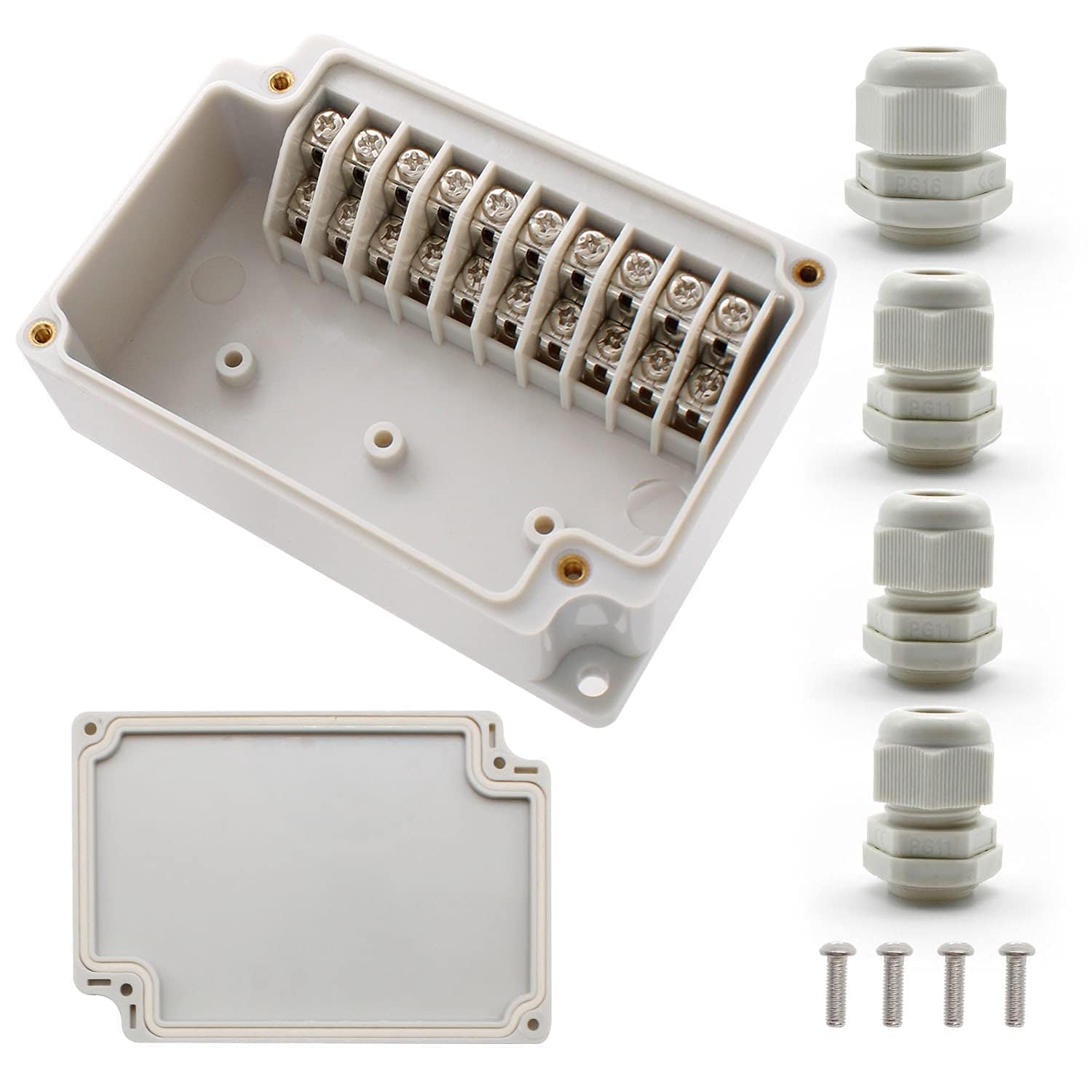 SRJQXH IP67 Waterproof Junction Boxes, 1 in 3 Out, with Wire Terminals, Screws and PG11, PG16 Waterproof Connectors, DIY Manual Perforation, White Electrical Junction Box for Cable Connection