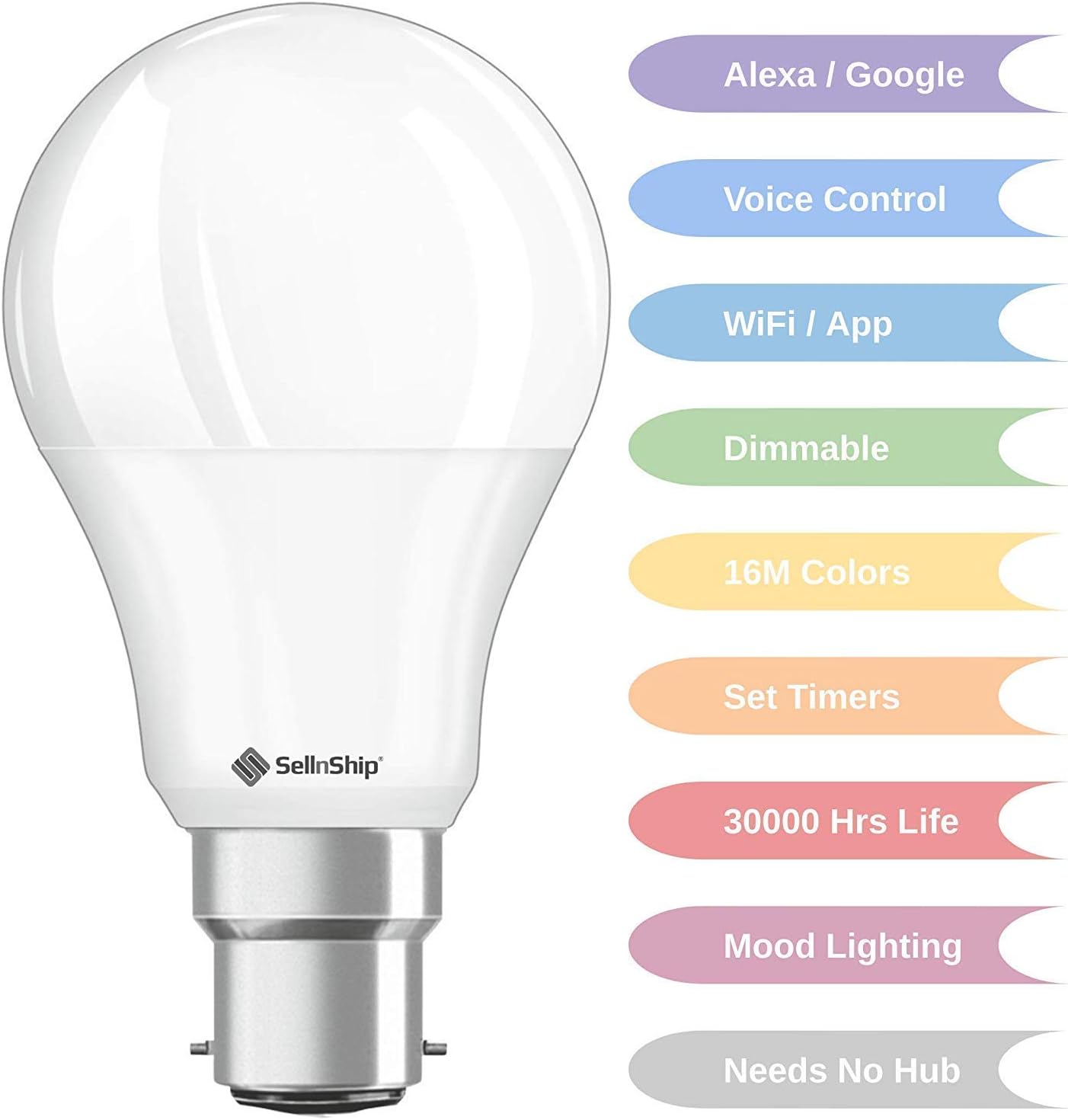 SellnShip 7 Watt Smart LED Bulb Compatible with Amazon Alexa WiFi Google Assistant, Warm White + RGB Multicolor, B22 Socket