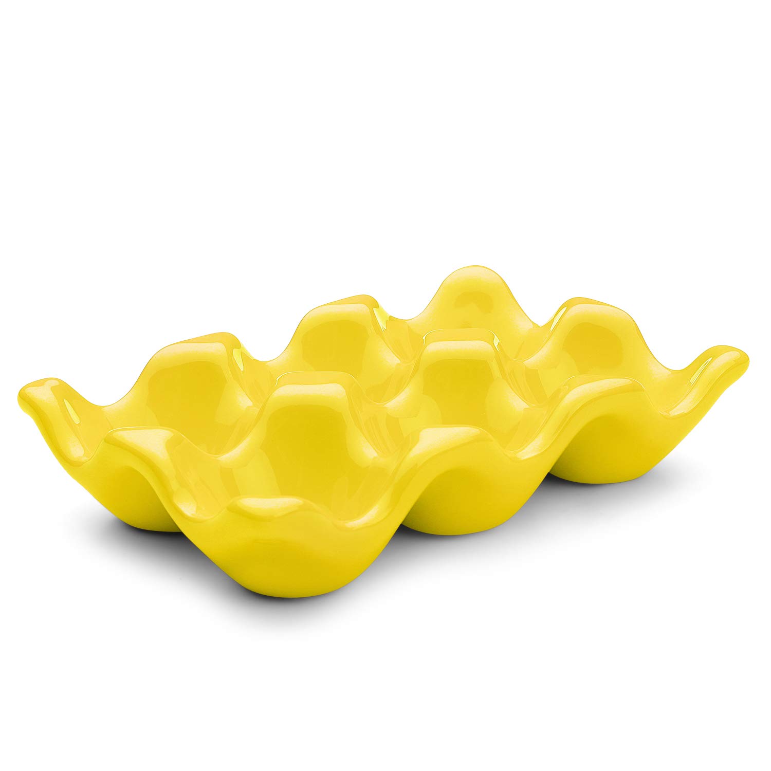 Flexzion Ceramic Egg Holder for Fridge - 6 Cups Egg Tray Half Dozen Porcelain Container Keeper Storage Organizer Decorative Serving Dish Serveware for Refrigerator Countertop Display Kitchen (Yellow)