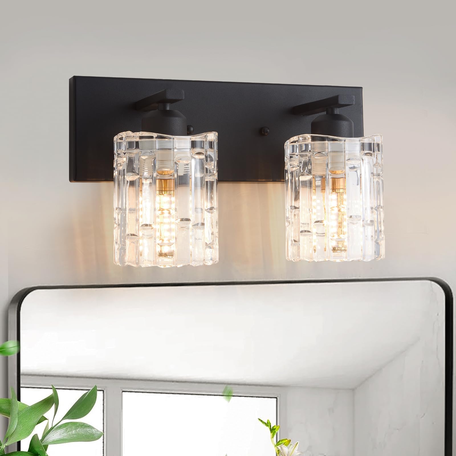 Photo 1 of SANKERFAN Matte Black Crystal Bathroom Vanity Light,2 Lights Modern Bathroom Wall Light,Over Mirror Light Fixtures for Living Room, Bedroom, Hallway