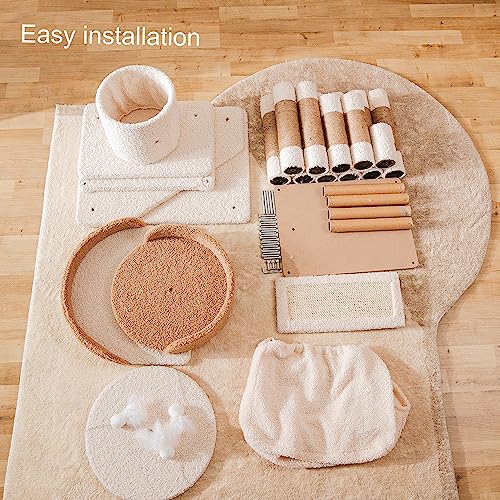 Cat Tree 120cm with Scratching Post Board Cat Tunnels and Cat House Condo, Cat Tree Tower for Indoor Big Cats and Kittens with Padded Plush Perch and Cat Tease Toys Beige