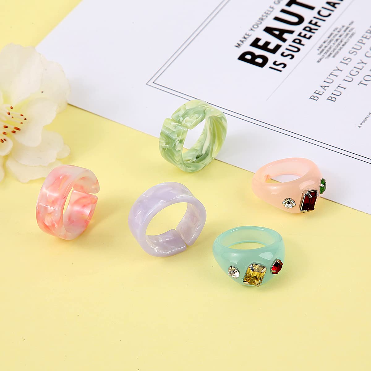 AIDSOTOU 20 Pcs Acrylic Cute Trendy Colorful Rhinestone Stackable Chunky Rings for Women