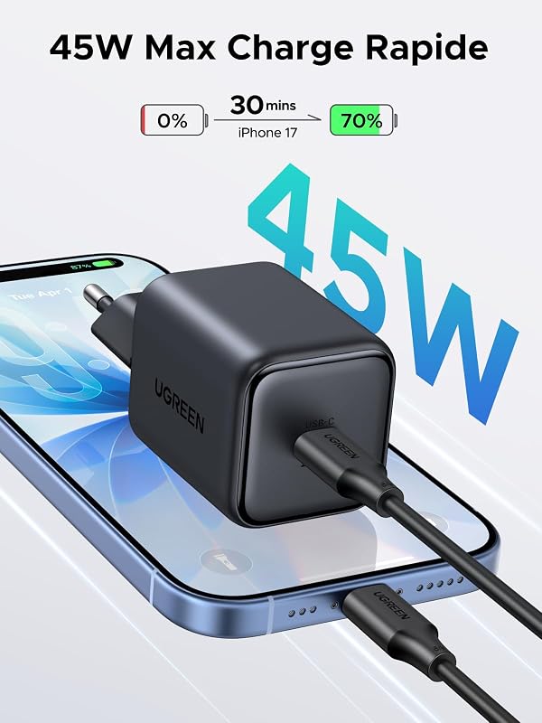 Zapix Chargeur USB C 45W PPS Rapide iPhone GaN avec 5A Câble 1.5M