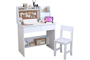 SFDOU White Kids Desk and Chair Set for 5-12 Year Old, Childrens Drawing Desk with Wooden Tabletop Paper Roll Dispenser, Kids Study Table with Drawers and Storage Shelf