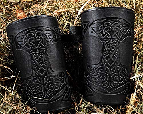 Halloween Viking Barbarian costume - Leather Cuff - Larp Gauntlet - Leather Wristbands - Larp Accessories Viking Bracers - Thor`s Hammers - Archery Armguard - Length 6" - Thumbnail 3