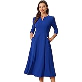 Allegra K Women's 3/4 Sleeve Dresses V Neck Elegant A-Line Work Business Formal Midi Dress with Pockets