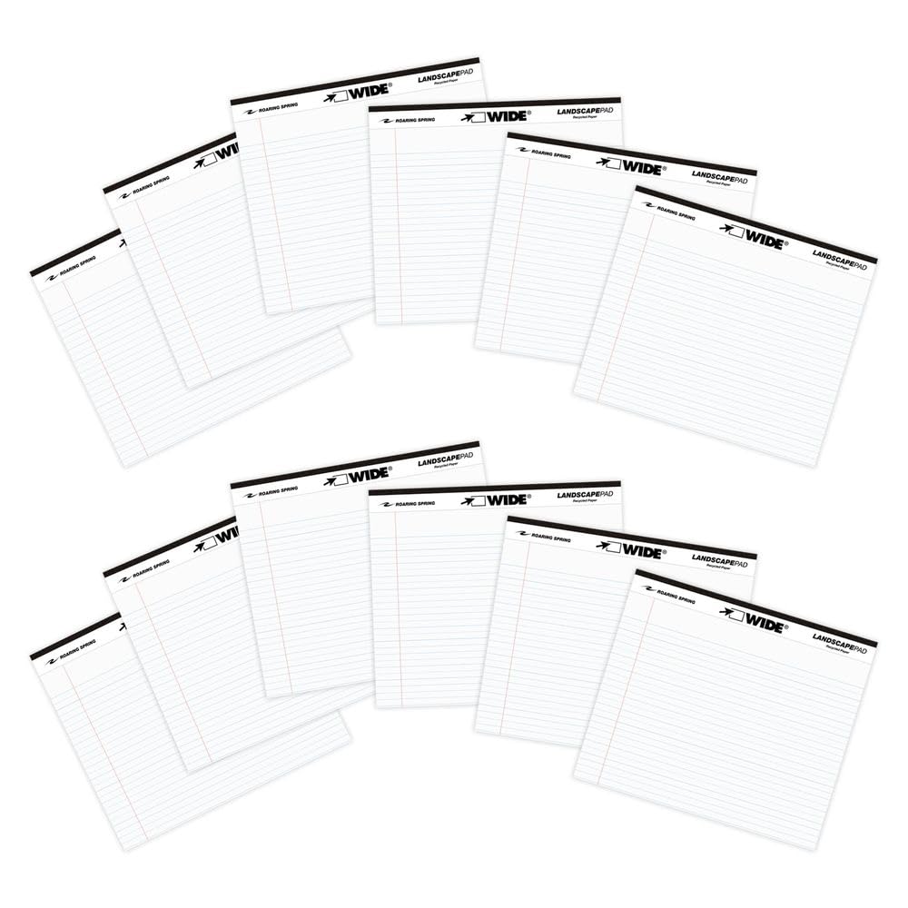 ROARING SPRING Wide Landscape Legal Pad, White, 12 Pads, 11" x 9.5", College-Ruled with Margin, 20 lb Recycled Paper, 40 Perforated Sheets, Made in USA Image
