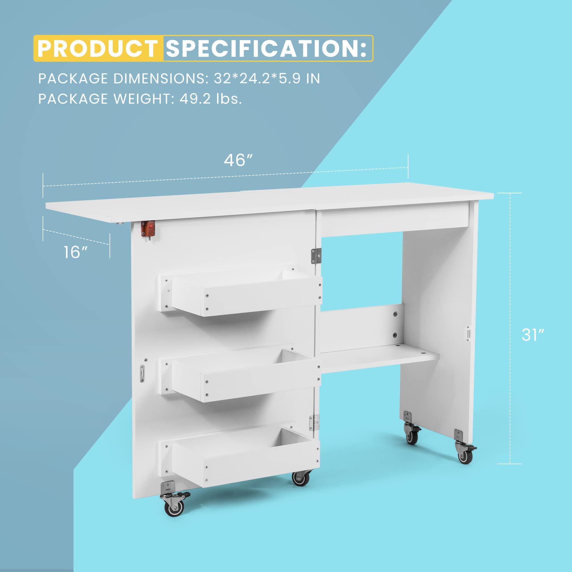 VIVOHOME Folding Sewing Craft Table, Rolling Sewing Machine Desk with Storage Shelves, Sewing Cabinet with Lift for Small Spaces, White