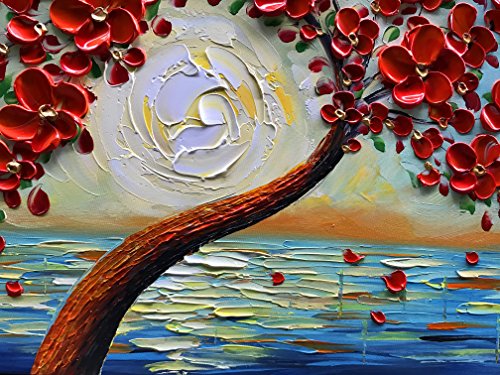 baccow - Seaview Modern Seascape Sunrise Hand Painted 3D Canvas Painting Artwork Red Texture Floral Trees Contemporary Wall Art Oil Painting on Canvas for Home Decorations Wall Decor 2448inch …
