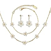 Tondiamo 4 Pcs Daisy Pearl Jewelry Set for Women Valentine's Day Gifts 18k Gold Daisy Necklace Bracelet Gold Flower Choker Pearl Flower Earrings for Women Trendy Birthday Wedding Gifts