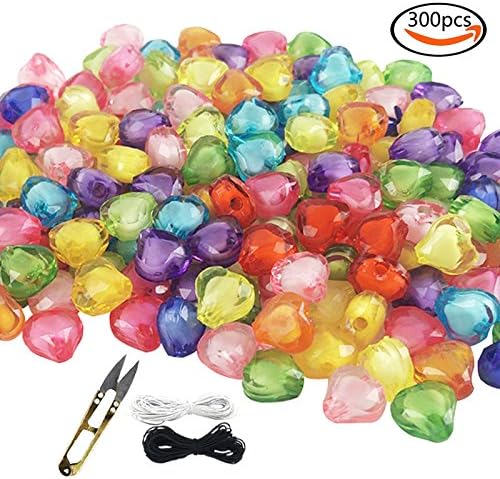 WXBOOM 300pcs 10mm Assorted Colorful Acrylic Beads in Beads Translucent Heart Beads with 1 Pair of Scissors, 1 Black and 1 White Cord