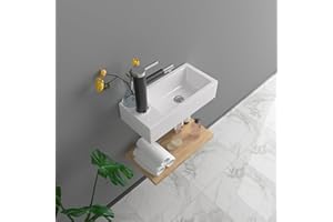 15 Inch Wall-Mounted Vessel Sinks, Lofeyo Bathroom Floating White Ceramic Porcelain Vanity Sink Art Basin with Left Single Faucet Hole