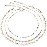 PINK TOWN Beaded Necklaces for Women,Colorful Dopamine Multi-Layere Heart Star Choker Vintage Statement Oildripping Necklace Summer Beach Jewelry