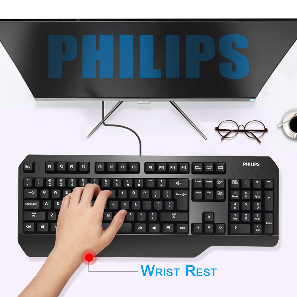 Philips Gaming Keyboard, USB Wired Ergonomic Mechanical Keyboard for PC, Laptop, Mac
