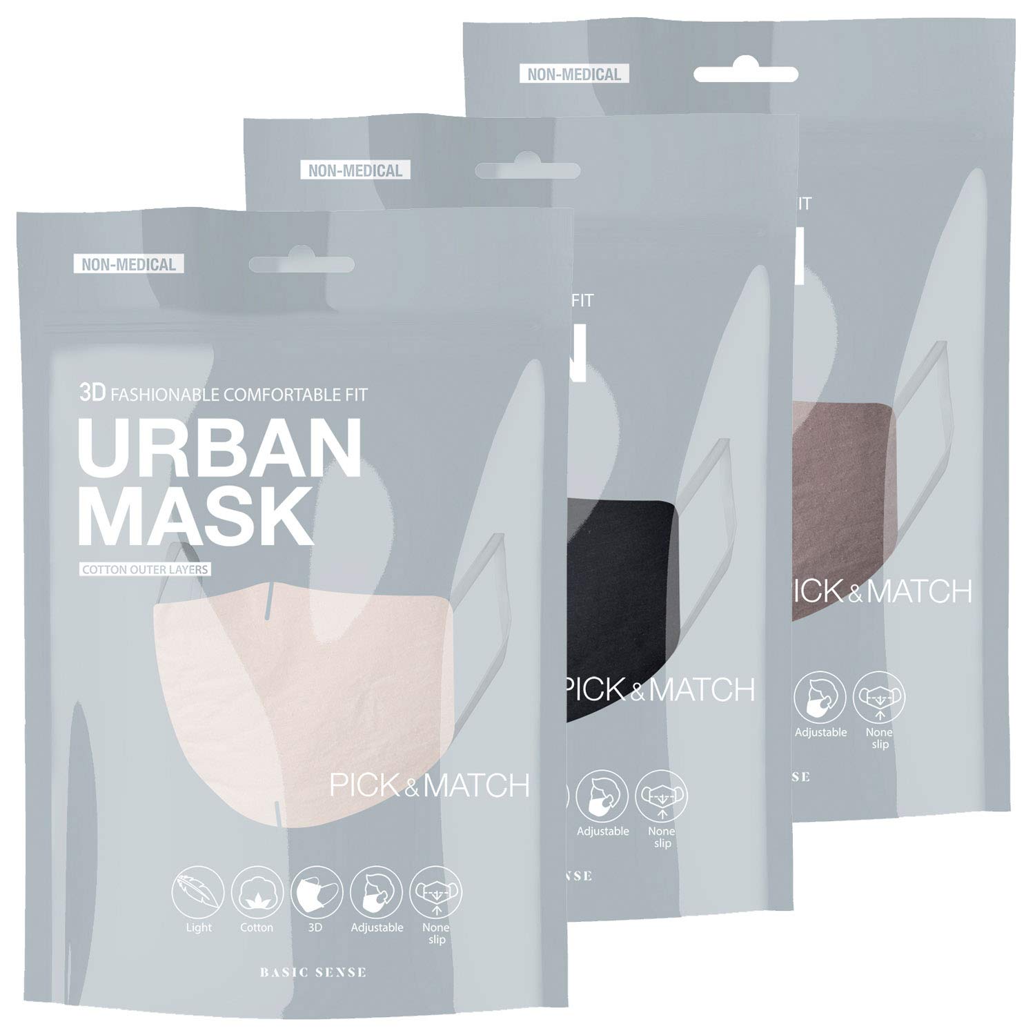 Basic Sense 3 Packs – 100% Cotton Washable Reusable Skin Friendly Plain Face Coverings Masks (Grey 3 Pack)