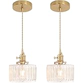Shenmoyl Pendant Light 2 Pack with Clear Striped Glass Lmapshade, Brass Vintage Pendant Light Adjustable Hanging Light for Ki