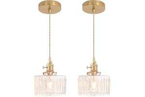 Shenmoyl Pendant Light 2 Pack with Clear Striped Glass Lmapshade, Brass Vintage Pendant Light Adjustable Hanging Light for Kitchen Island Dining Room Hallway
