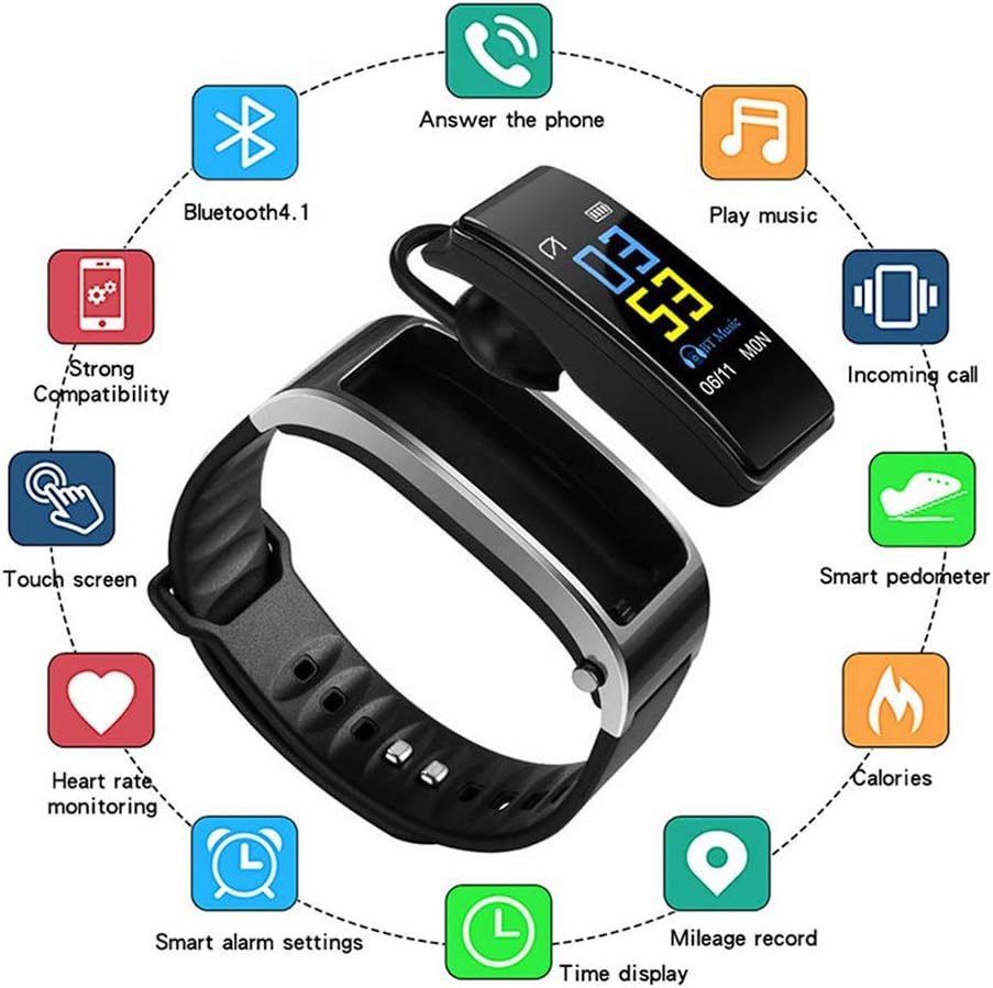 GXFNS 2 in 1 Smart Watch Earbuds Fitness Tracker Band Waterproof Activity Tracker Calorie Call Reminder Smart Bracelet for Women Men,Black