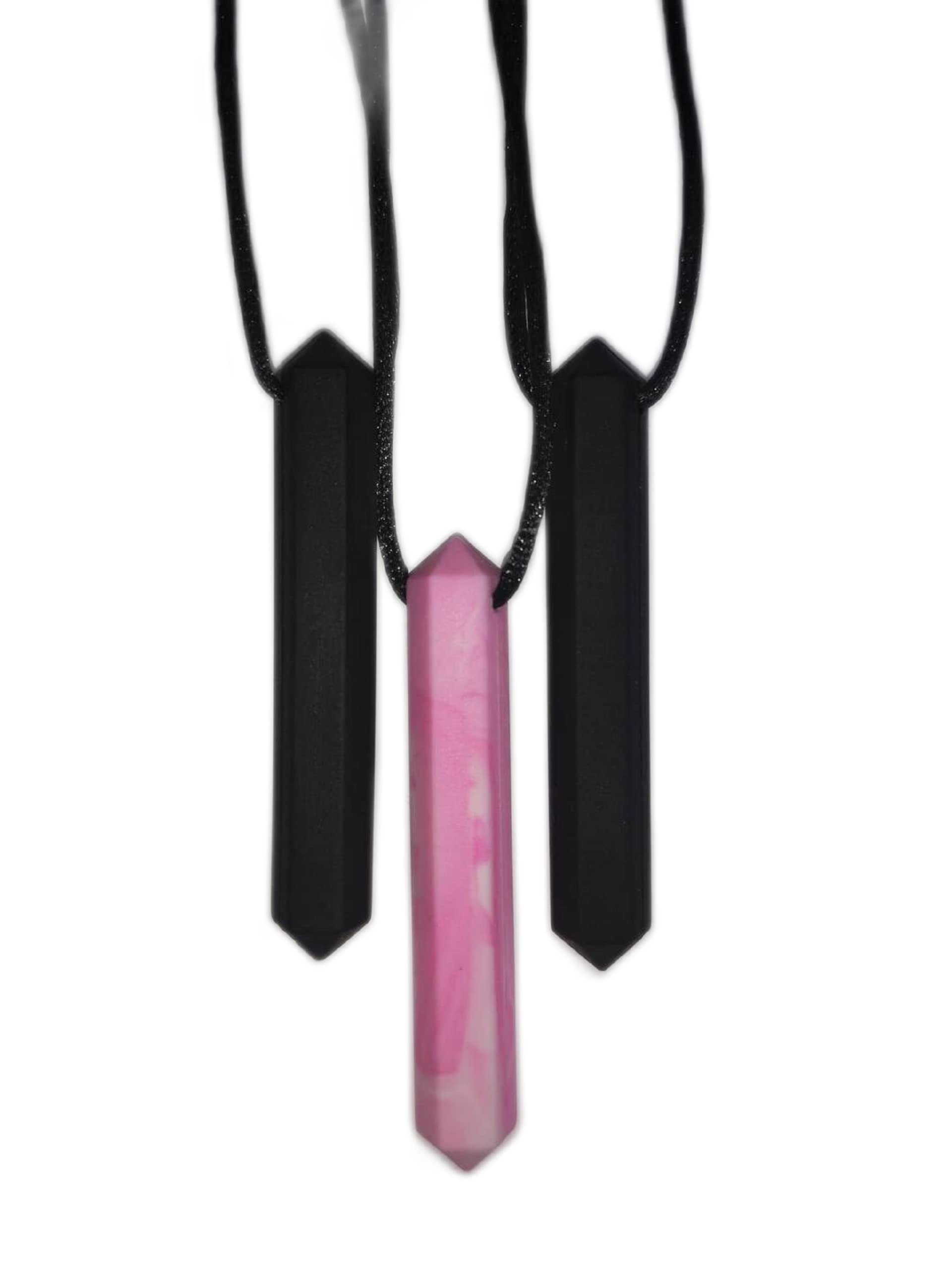Chewelry Sensory Chew Necklace Chewlery for Teens, Kids or Adults with Autism ADHD Who Need to Stim Chew Bite or Fidget Chewy Aids Help Concentration Biting Bundle 3 Pack (Black Pink Black)
