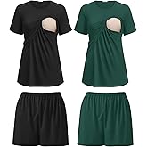 Ekouaer 2 Pack Women's Nursing Pajamas Set Double Layer Maternity Pjs Postpartum Loungewear Set Breastfeeding Tops & Shorts