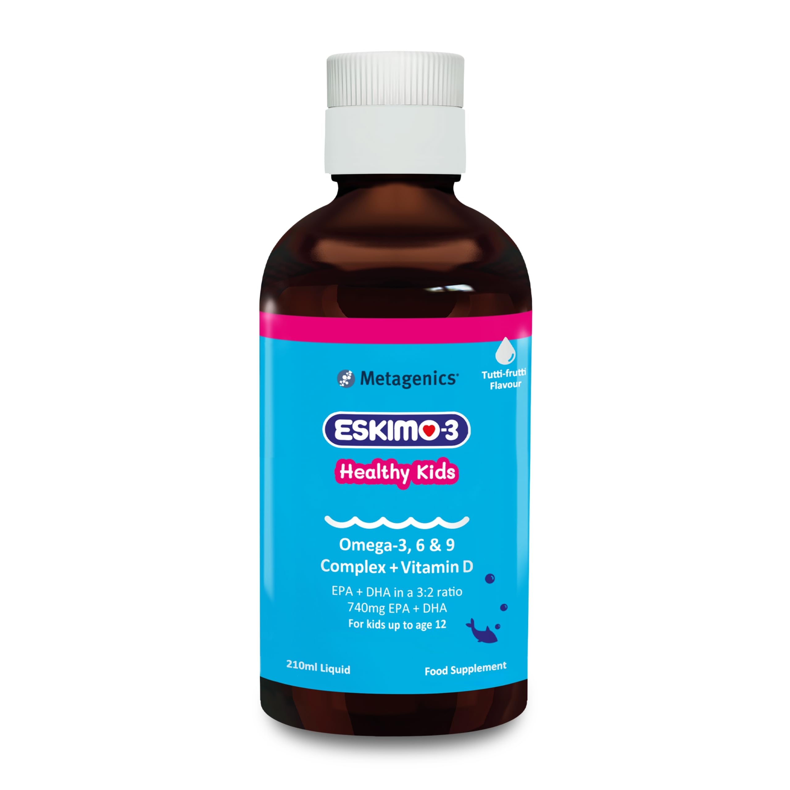 Eskimo-3 Healthy Kids Fish Oil by Metagenics - Omega-3, 6 & 9 + Vitamin D, 740mg EPA + DHA - Tutti Frutti, 210ml