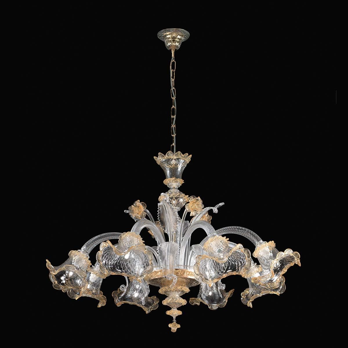 Murano Collection Murano Glass Chandelier in Gold Amber Transparent Glass Handmade in Italy Luster Classic Crystal Transparent Lamp E14