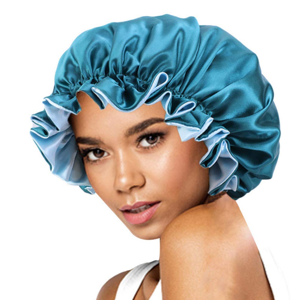VALICLUD Sleep Slouchy Cap Women Night Sleep Cap Satin Bonnet for Hair Beauty (Peacock Blue)