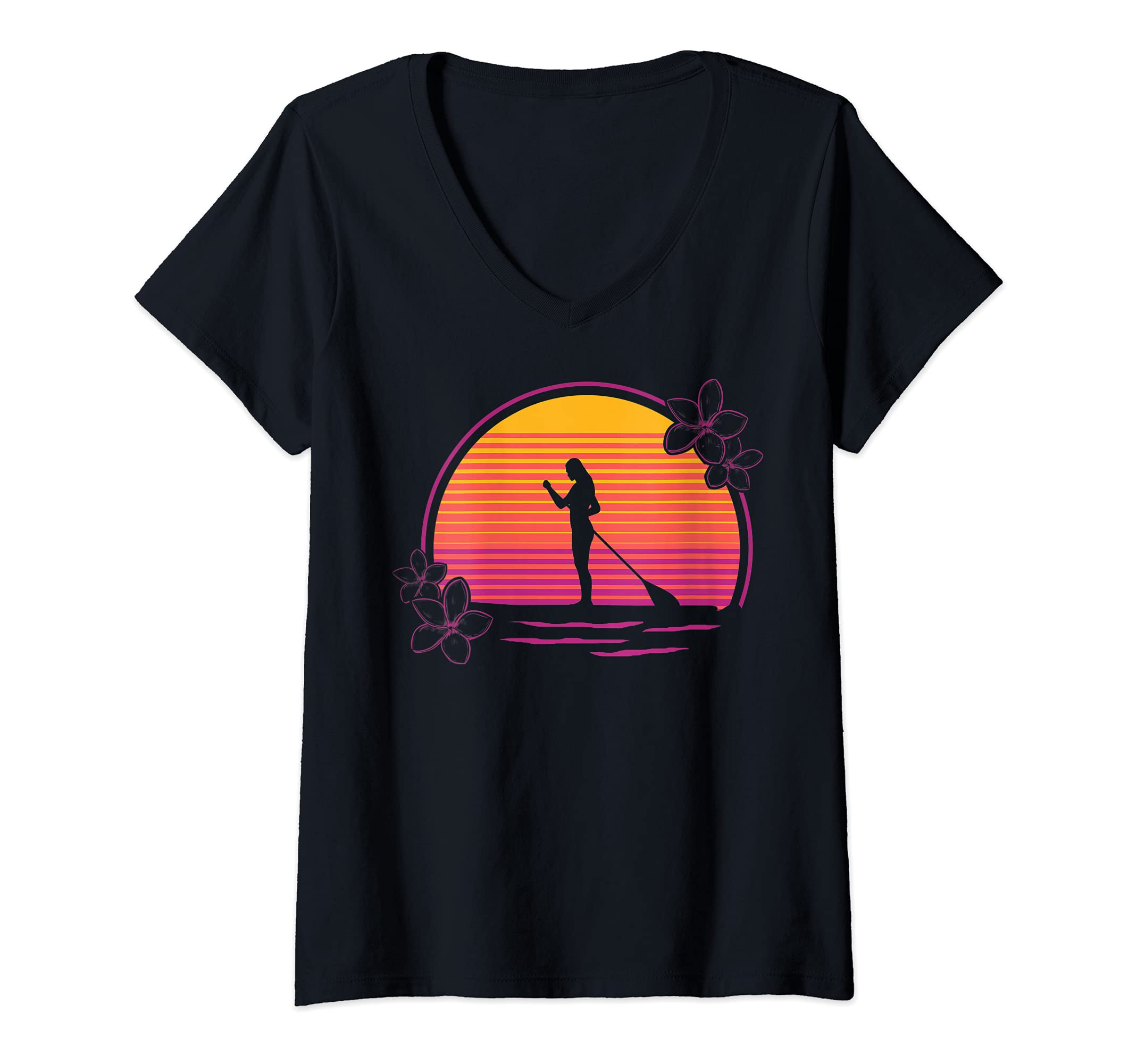 Womens Retro Stand Up Paddling SUP Flowers Paddleboarder Sunset SUP V-Neck T-Shirt