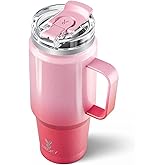 Meoky 32 oz Tumbler with Handle, Insulated Tumbler with Lid and Straw, Stainless Steel Travel Mug, 100% Leak Proof, Keeps Cold for 24 Hours or Hot for 8 Hours, Fits in Car Cup Holder (Flamingo)