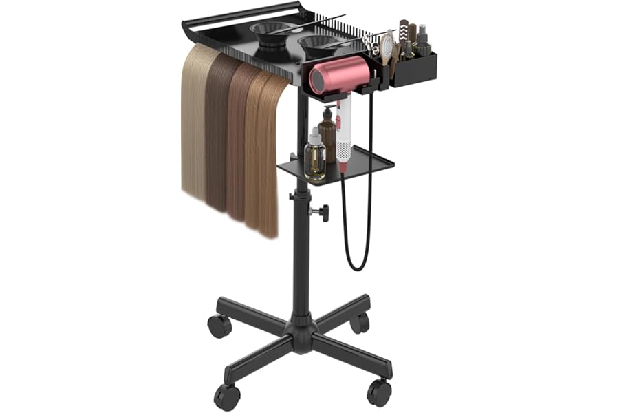 Hairstylist Tray on Wheels, Rolling Salon Tray with Holder and Hair Separator Stand, Salon Trolley Adjustable Tray With Storage Platform Dye Bowls and Tools for Hair Stylist
