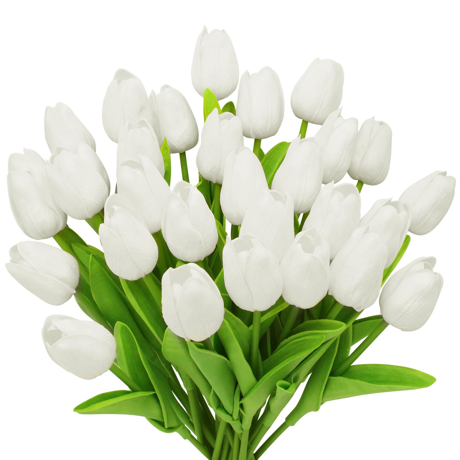 Photo 1 of 28pcs White Flowers Artificial Tulip Stems Real Feel PU Tulips for Easter Spring Wreath Wedding Bouquet Centerpiece Floral Arrangement Cemetery Table Décor 13" Tall
