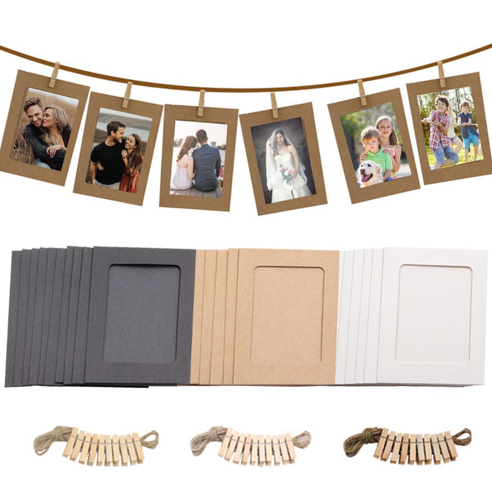 NETUME 30 Pack Cardboard Photo Frames 6x4, White Black Brown, Paper Picture Frames With Mini Wooden Clips And Hemp Ropes, Hanging Photo Frames For Birthday/Wedding/Anniversary/Festival/Decoration
