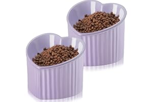 Mumufy 2 Pcs Ceramic Elevated Cat Bowls Tilted Elevated Raised Pet Bowls Anti Vomit Cat Dish for Indoor Stress Free Water Dish Feeder for Puppies, Heart Shaped (Purple)