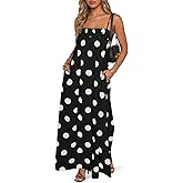 Wenrine Womens Summer Polka Dot Maxi Dress Casual Spaghetti Strap Smocked Loose Vacation Beach Dresses with Pockets