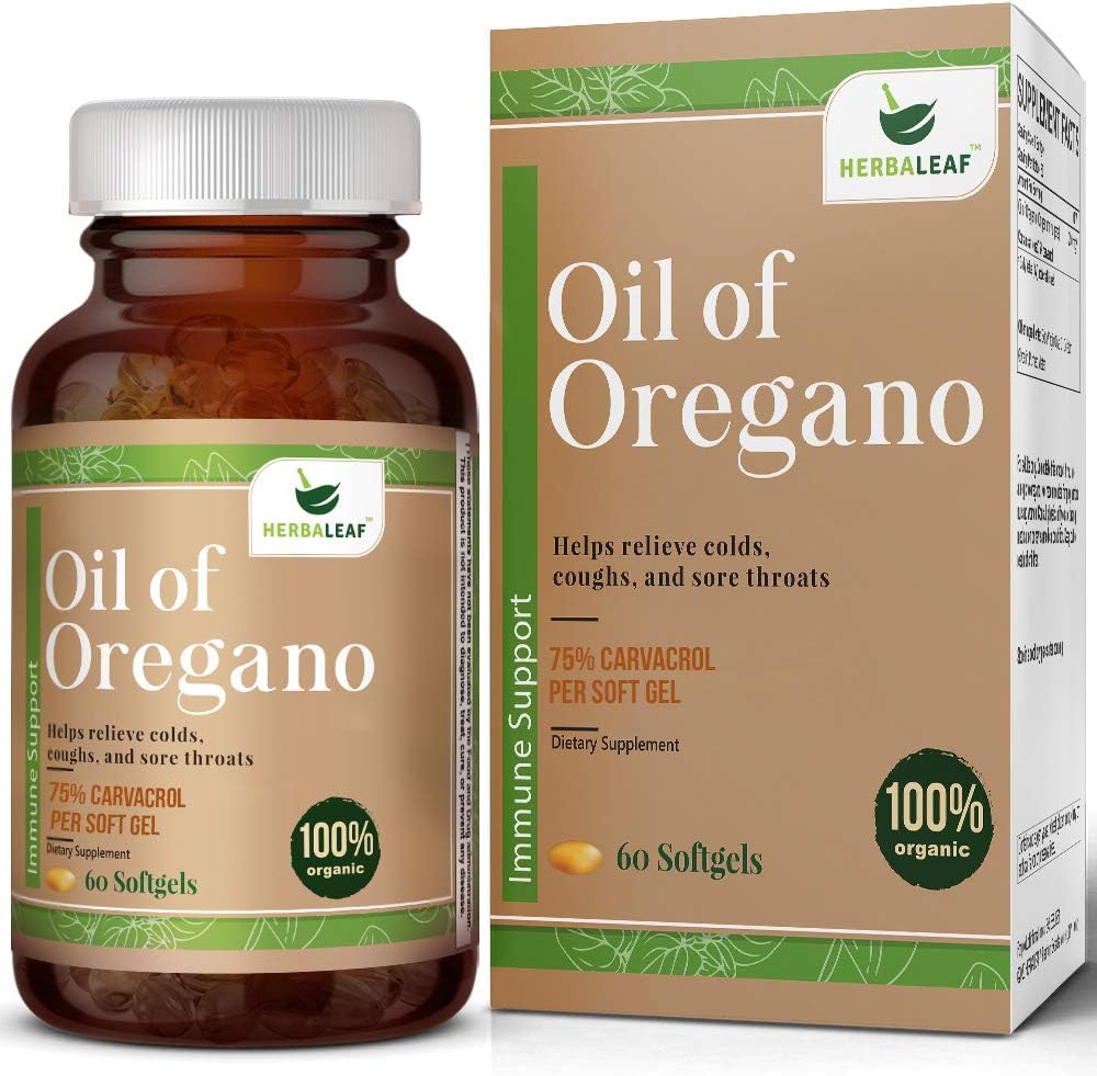 HERBALEAF Oil of Oregano Softgels Immune Defense, Helps Relieve Colds, Coughs, Sore Throats- Gut Support. (60 Count)