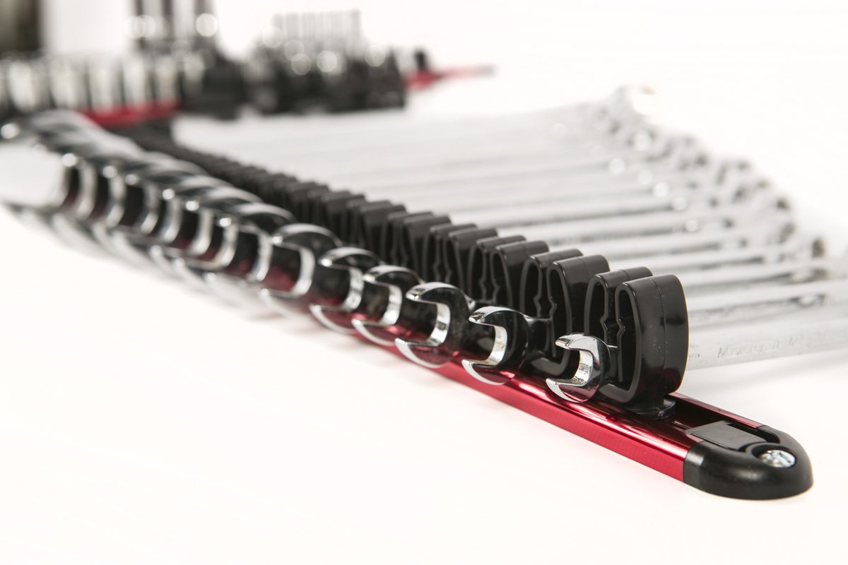 Olsa Tools Wall Mount Wrench Organizer Red Anodized Aluminum + Black