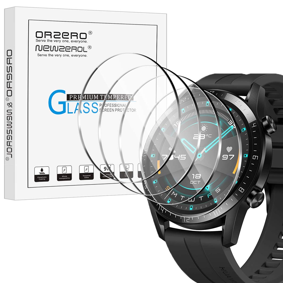 NEWZEROL 4-Pack Tempered Glass for Amazfit T-Rex 3 Pro (44mm/48mm) / Huawei Watch GT 2 (46mm) / Huawei Watch GT 3 (46mm), [9H Hardness] [HD Clear] [Anti-Scratch] Protective Film