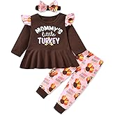 HIHA Infant Baby Toddler Girls Thanksgiving Outfit Ruffle Long Sleeve Dress Tops Turkey Pant Headband 2PCS Fall Clothes Set
