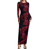 KUTUMAI Women Long Sleeve Floral Bodycon Maxi Dress 2025 Fall Elegant Mesh Formal Wedding Guest Cocktail Dresses