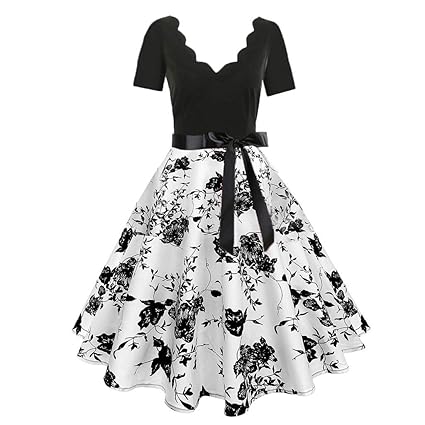 Damen Mode Gürtel Kleid Kurzarm V-Ausschnitt Knielanger Rock