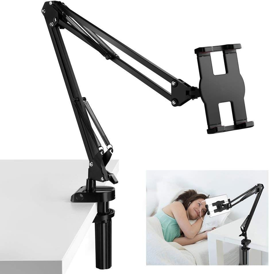 Clamp Mount Tablet Stand for iPad and iPhone, Universal 360°Rotating Flexible Aluminum Alloy Long Arm Lazy Holder Support 4-12.9 Inch Cell Phone and Tables for Bed Desktop Car Black