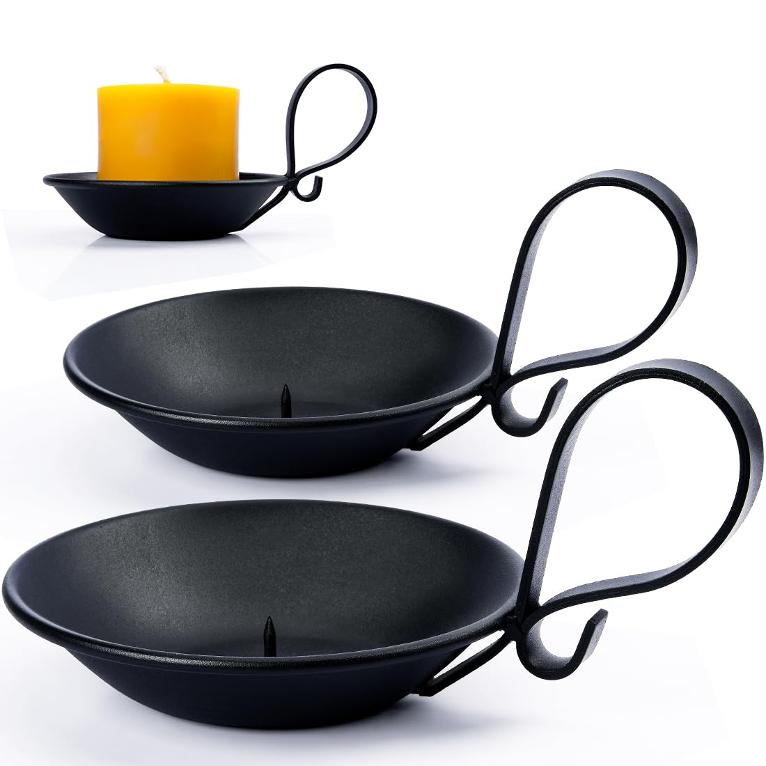 Photo 1 of **MINOR DAMAGE ON ONE(HAS A CHIP)**AGLARY 2PCS Matte Black Iron Pillar Candle Holders, with Handle, Simple Industrial Style ?Table Centerpiece Decoration?with Safety Spike.