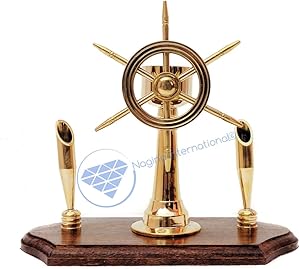 Nagina International Handcrafted Premium Office Decor Pen Holders with Nautical Helmet | Ship Wheel | Navigational Compass | Home DecorativePirate's Gift (Solid Brass Ship Wheel)