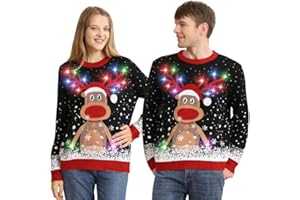 MDAI Ugly Christmas Sweater Men Women,Light Up Christmas Sweater Adult,Cute Funny Reindeer Xmas Sweaters Couples,Pull de Noel